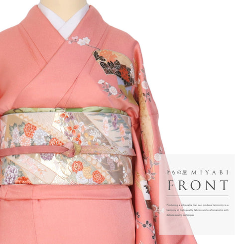 訪問着 リサイクル 身丈163cm 裄66.6cm 袷 地紙に花各種柄 箔 ピンク Lサイズ セミフォーマル 正絹 広衿 Sランク