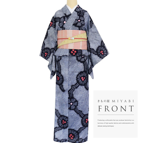 浴衣 リサイクル 夏着物 身丈149cm 裄61.5cm 夏物 絞り 花柄 ジュニアサイズ ネイビー SSサイズ カジュアル お洒落 木綿 洗える着物 バチ衿 Aランク