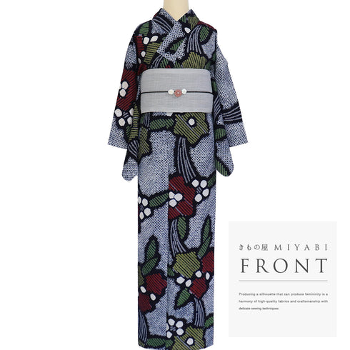 浴衣 リサイクル 夏着物 身丈154.8cm 裄64.8cm 夏物 絞り 花柄 ネイビー Sサイズ カジュアル お洒落 木綿 洗える着物 バチ衿 Aランク