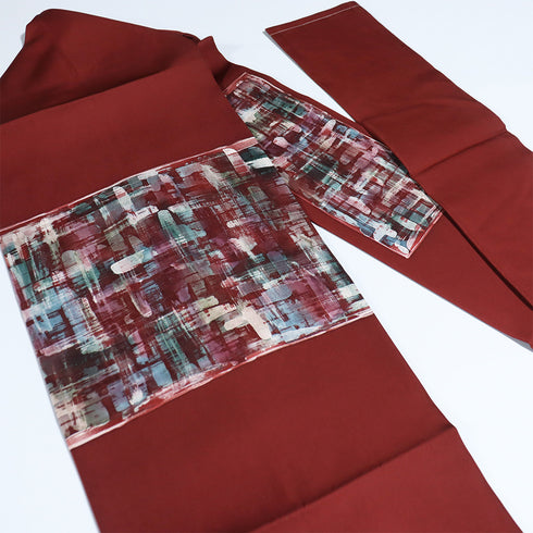 名古屋帯 リサイクル 帯丈363.5cm ポイント柄 抽象柄 塩瀬 レッド Mサイズ 正絹 Sランク お洒落 カジュアル