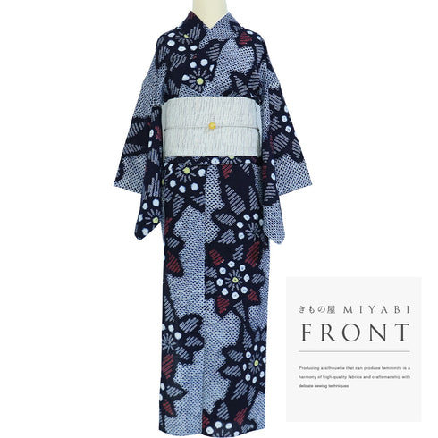 浴衣 リサイクル 夏着物 身丈141cm 裄62.8cm 夏物 絞り ジュニアサイズ ネイビー 規格外サイズ カジュアル 木綿 洗える着物 バチ衿 Sランク