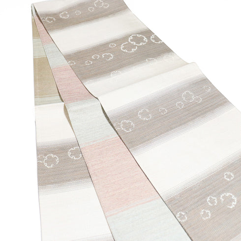 袋帯 リサイクル 帯丈438cm 六通 雪輪柄 ボーダー柄 ベージュ Mサイズ 正絹 Sランク お洒落