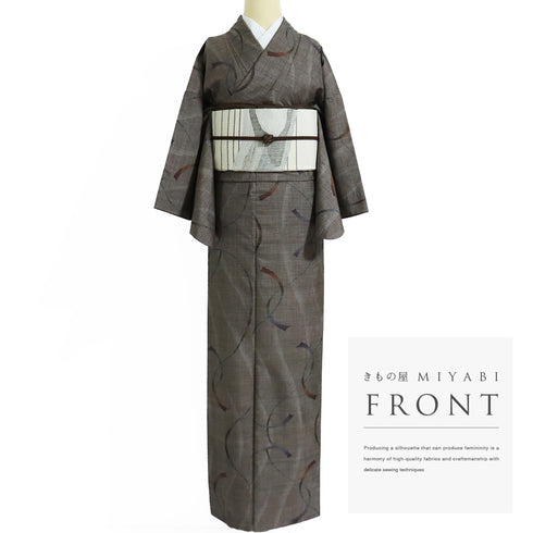 紬 リサイクル 身丈168.8cm 裄64.6cm 袷 曲線柄 ブラウン LLサイズ お洒落 正絹 広衿 Sランク