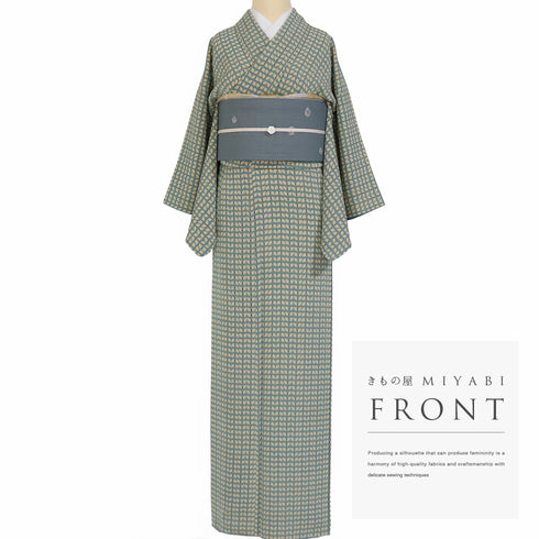 小紋 リサイクル 身丈158cm 裄62.2cm 袷 幾何学柄 ブルー Mサイズ お洒落 カジュアル 正絹 広衿 Aランク