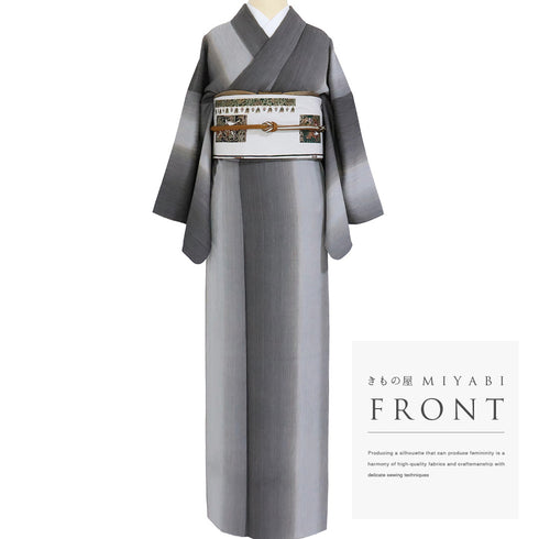 小紋 リサイクル 身丈157.6cm 裄65.6cm 袷 縦ぼかし柄 地紋 グレー Mサイズ お洒落 カジュアル 正絹 広衿 Aランク