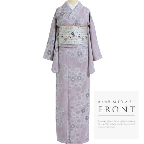 小紋 リサイクル 身丈155.5cm 裄64.6cm 袷 菊地紋 彩色 部分絞り パープル Mサイズ お洒落 カジュアル 正絹 広衿 Aランク