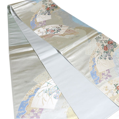 袋帯 リサイクル 帯丈436cm 六通 功琳彩宴 地紙に花柄 ブルー Mサイズ 正絹 新品・未使用品 フォーマル セミフォーマル