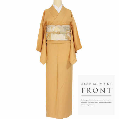 色無地 リサイクル 身丈154.6cm 裄63.2cm 袷 花唐草に桐柄 オレンジ Sサイズ お洒落 正絹 広衿 地紋あり Sランク