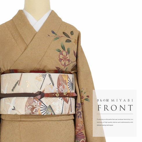 訪問着 リサイクル 身丈161.7cm 裄66.4cm 袷 鼓や扇子や花柄 ブラウン Lサイズ お洒落 セミフォーマル 正絹 広衿 Aランク