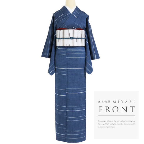 紬 リサイクル 身丈155.8cm 裄62.6cm 袷 横縞柄 上田紬 ネイビー Mサイズ お洒落 カジュアル 証紙 しつけ糸 正絹 広衿 Sランク