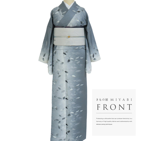 小紋 リサイクル 身丈157.8cm 裄66.8cm 単衣 縦ぼかし柄 地紋彩色 後身頃居敷当て付き ゆったりサイズ グレー Mサイズ お洒落 一つ紋 正絹 広衿 Sランク