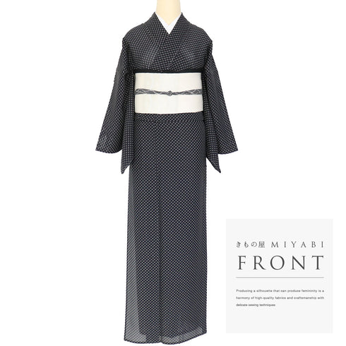 小紋 リサイクル 夏着物 身丈158cm 裄68.8cm 絽 ゆったりサイズ ブラック Mサイズ お洒落 正絹 広衿 Sランク