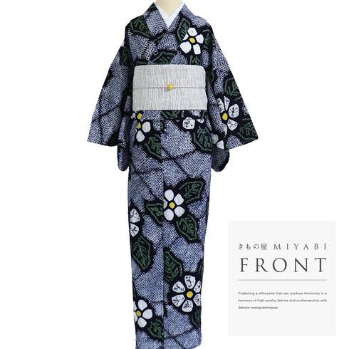 浴衣 リサイクル 夏着物 身丈152.5cm 裄65cm 夏物 花柄に麻の葉柄 絞り ネイビー Sサイズ カジュアル 木綿 洗える着物 バチ衿 Sランク