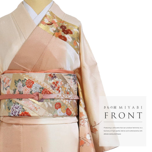 付下げ リサイクル 身丈158cm 裄64.8cm 袷 立花柄 菊柄 金駒刺繍 地紋 ピンク Mサイズ セミフォーマル 落款 正絹 広衿 Sランク