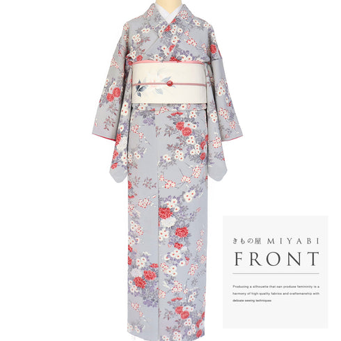 小紋 リサイクル 身丈156cm 裄62.6cm 袷 花柄 ちりめん グレー Mサイズ お洒落 カジュアル 正絹 広衿 Sランク