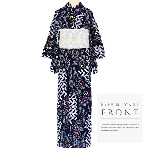 浴衣 リサイクル 夏着物 身丈152.3cm 裄62cm 夏物 絞り 花柄 ネイビー Sサイズ カジュアル しつけ糸 木綿 洗える着物 バチ衿 Sランク