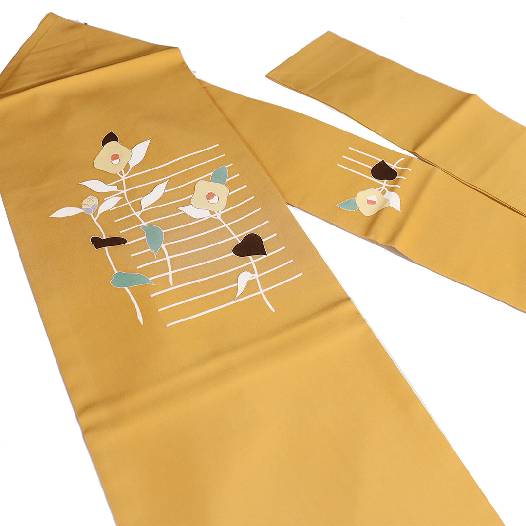 リサイクル名古屋帯 帯丈396.5cm ポイント柄 塩瀬 椿柄 オレンジ L