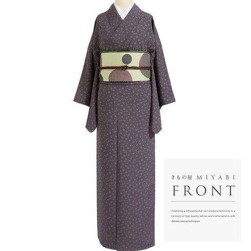 小紋 リサイクル 身丈158.2cm 裄64.4cm 袷 小花柄 パープル Mサイズ お洒落 カジュアル 正絹 広衿 Sランク