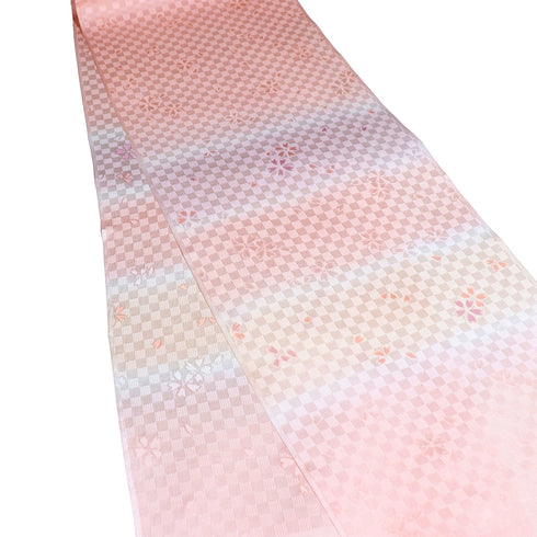 帯締め・帯揚げセット リサイクル フォーマル 平組紐 綸子 ピンク 正絹 新品・未使用品 桜柄 千鳥格子地紋