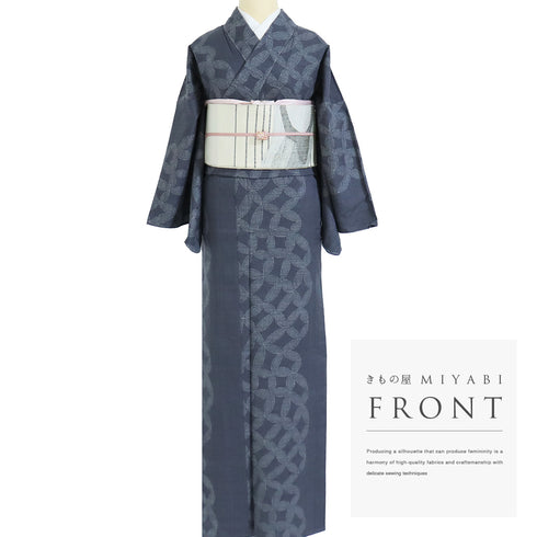 紬 リサイクル 身丈169.8cm 裄68.4cm 単衣 デザイン七宝柄 ゆったりサイズ 結城紬 グレー LLサイズ お洒落 カジュアル 証紙 しつけ糸 正絹 広衿 Sランク