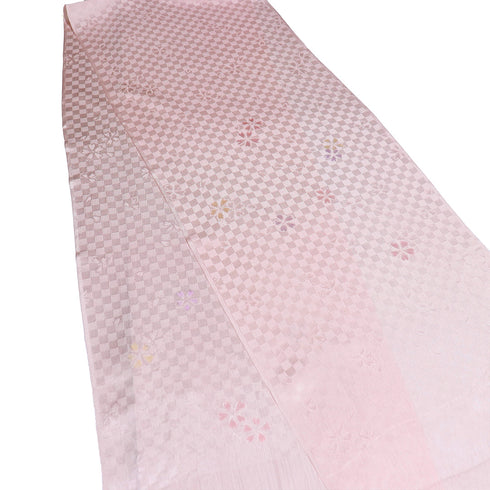 帯締め・帯揚げセット 手組紐 ちりめん ピンク 正絹 新品・未使用品 市松の地紋に桜柄
