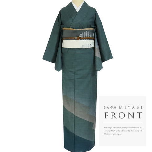 付下げ リサイクル 身丈160cm 裄64.6cm 袷 紬 抽象柄 グリーン Mサイズ お洒落 しつけ糸 正絹 広衿 Sランク