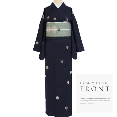 小紋 リサイクル 身丈164.5cm 裄68.4cm 袷 葵柄 地紋 ネイビー Lサイズ お洒落 カジュアル 正絹 広衿 Sランク