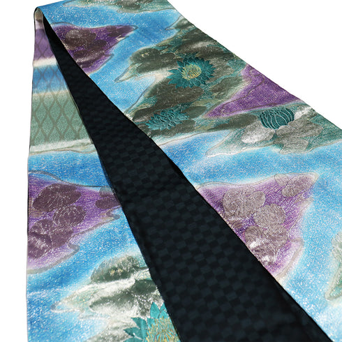 袋帯 リサイクル 帯丈460cm 六通 プラチナ本金箔 未草 ブルー LLサイズ 正絹 Sランク フォーマル お洒落