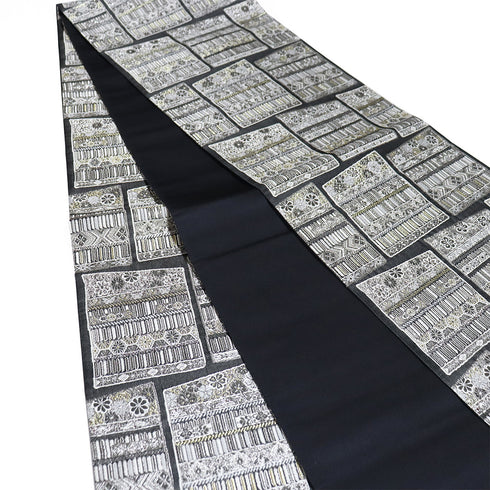 袋帯 帯丈446cm 全通 鎧威柄 ブラック Mサイズ 正絹 Sランク セミフォーマル お洒落