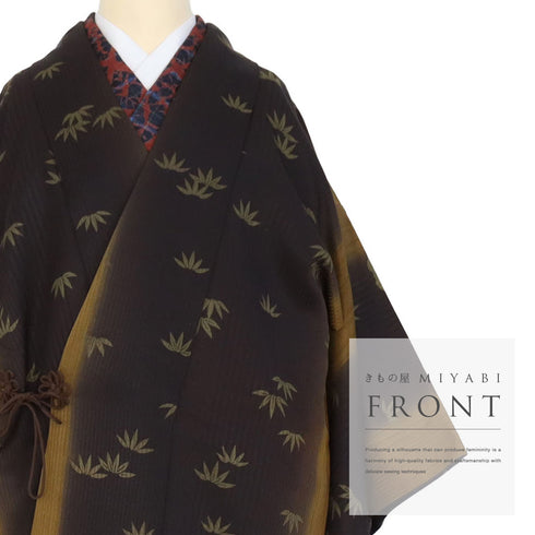 道中着 リサイクル 身丈90.2cm 裄62cm 袷 竹柄 地紋 ブラウン SSサイズ お洒落 正絹 Sランク