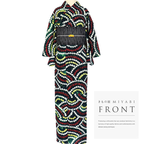 浴衣 リサイクル 夏着物 身丈153cm 裄62.8cm 夏物 絞り 青海波柄 グリーン Sサイズ カジュアル 木綿 洗える着物 バチ衿 Sランク