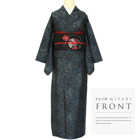 紬 リサイクル 身丈156.8cm 裄63.2cm 袷 葉柄 ネイビー Mサイズ お洒落 カジュアル 正絹 広衿 Sランク