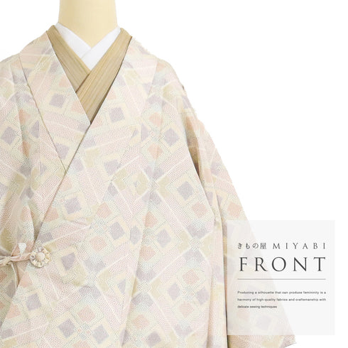 道中着 リサイクル 身丈98.8cm 裄68.6cm 袷 紬 デザイン斜め格子柄 ベージュ LLサイズ カジュアル お洒落 正絹 Aランク