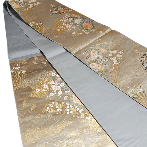 袋帯 リサイクル 帯丈448cm 六通 扇面蒔絵花文柄 ゴールド Mサイズ 正絹 新品・未使用品 フォーマル セミフォーマル