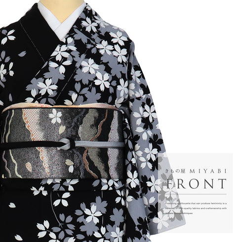 訪問着 リサイクル 身丈152.8cm 裄62.8cm 袷 桜柄 ブラック Sサイズ セミフォーマル お洒落 落款 しつけ糸 正絹 広衿 Sランク