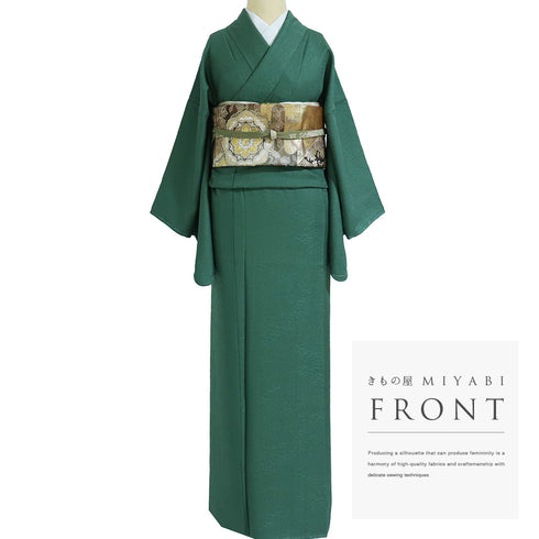 色無地 リサイクル 身丈156.8cm 裄64.4cm 袷 松や菊や紅葉柄 グリーン Mサイズ セミフォーマル お洒落 一つ紋 しつけ糸 正絹 広衿 地紋あり Sランク