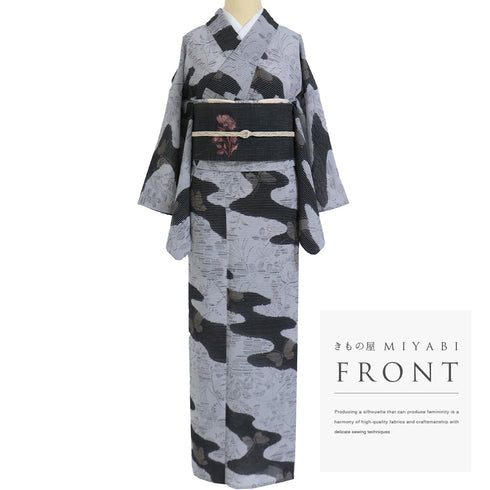 小紋 リサイクル 夏着物 身丈155.5cm 裄66cm 夏物 葉柄 霞に蝶柄 グレー Mサイズ カジュアル ポリエステル 洗える着物 広衿 Aランク