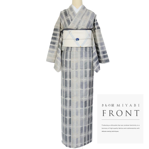 紬 リサイクル 身丈163cm 裄68.4cm 袷 デザイン格子模様 グレー Lサイズ カジュアル お洒落 正絹 広衿 Sランク