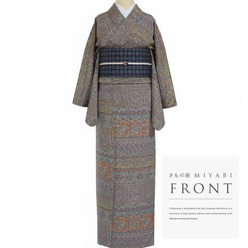 小紋 リサイクル 身丈164cm 裄66.8cm 袷 オリエンタル柄 多色 Lサイズ お洒落 カジュアル 正絹 広衿 Sランク