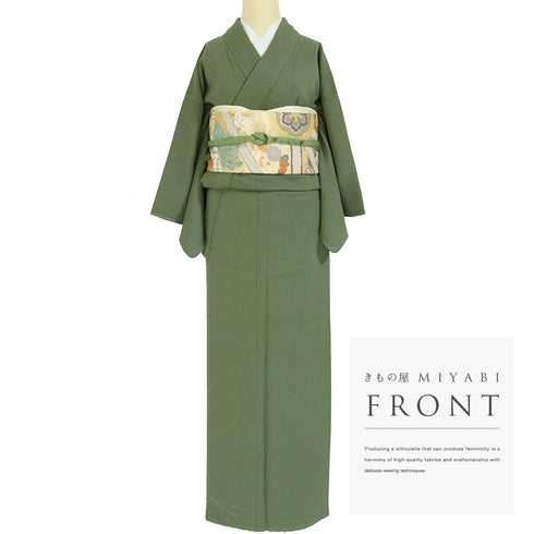 小紋 リサイクル 身丈156.7cm 裄63.4cm 袷 お召し 地紋 グリーン Mサイズ お洒落 セミフォーマル 一つ紋 しつけ糸 正絹 広衿 未使用品