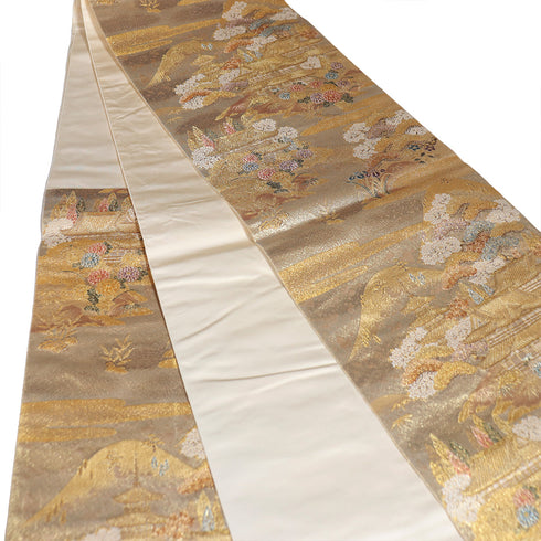 袋帯 リサイクル 帯丈438cm 六通 ながしま帯 西陣織 長嶋成織物 風景柄 ゴールド Mサイズ 正絹 Sランク フォーマル セミフォーマル