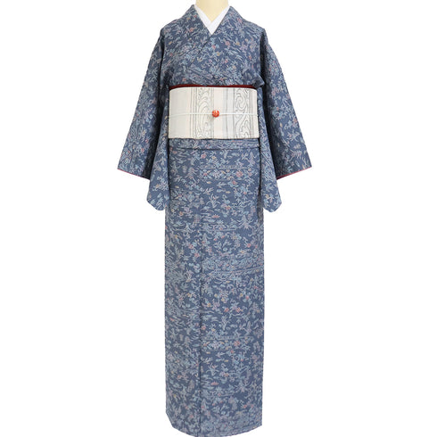 紬 リサイクル 身丈162cm 裄64cm 袷 染め紬 花と鳥柄 ブルー Lサイズ カジュアル お洒落 正絹 広衿 Sランク