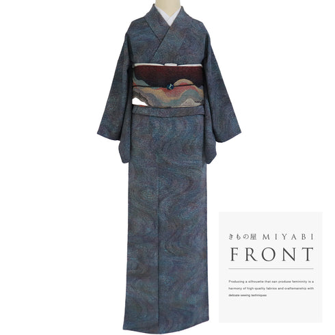 小紋 リサイクル 身丈156.7cm 裄63.2cm 袷 流水柄 多色 Mサイズ お洒落 カジュアル 正絹 広衿 Sランク