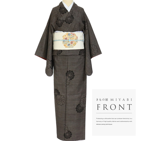 紬 リサイクル 身丈156.5cm 裄63cm 袷 ねじり菊柄 ブラウン Mサイズ お洒落 しつけ糸 正絹 広衿 Sランク