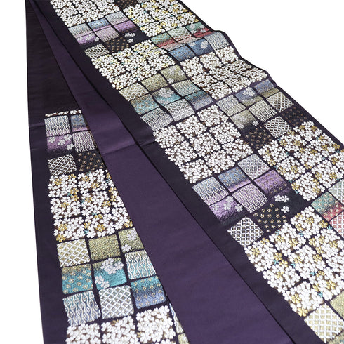 袋帯 リサイクル 帯丈452cm 六通 ポイント柄 石畳に花柄 螺鈿 ブラック Lサイズ 正絹 Sランク フォーマル