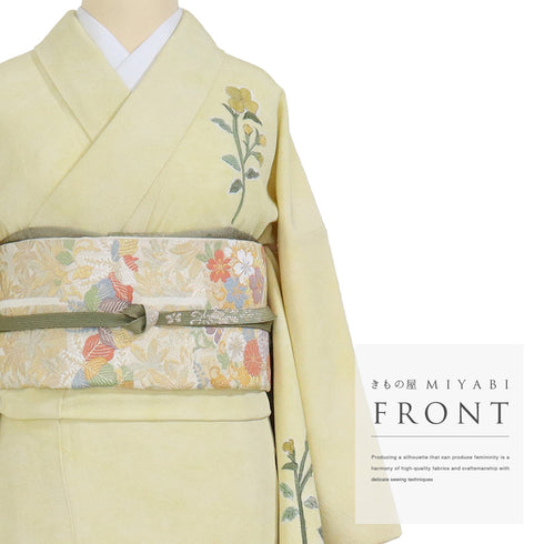 訪問着 リサイクル 身丈164.5cm 裄66.4cm 袷 花柄 箔 イエロー Lサイズ セミフォーマル 正絹 広衿 Aランク