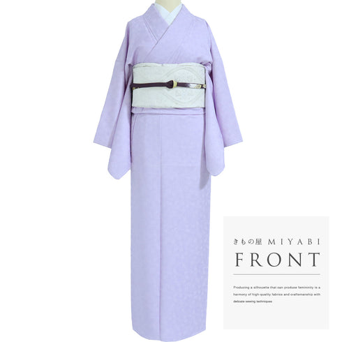 色無地 リサイクル 身丈156cm 裄66cm 袷 草花柄 パープル Mサイズ セミフォーマル お洒落 一つ紋 しつけ糸 不明 広衿 地紋あり Sランク