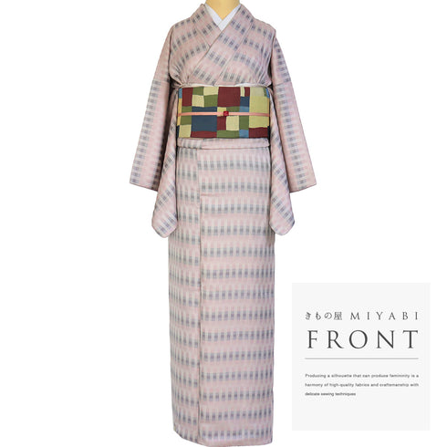 小紋 リサイクル 身丈163.7cm 裄66.8cm 袷 ゆったりサイズ 格子柄 ピンク Lサイズ お洒落 カジュアル 不明 広衿 Sランク