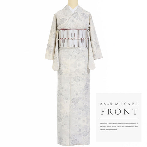 紬 リサイクル 身丈152cm 裄62.8cm 袷 御所車に花柄 ベージュ Sサイズ カジュアル お洒落 しつけ糸 正絹 広衿 Aランク