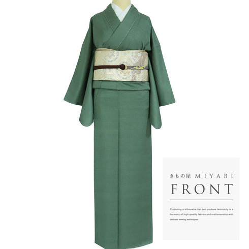 色無地 リサイクル 身丈159.3cm 裄65cm 袷 グリーン Mサイズ セミフォーマル 一つ紋 しつけ糸 正絹 広衿 地紋あり Sランク